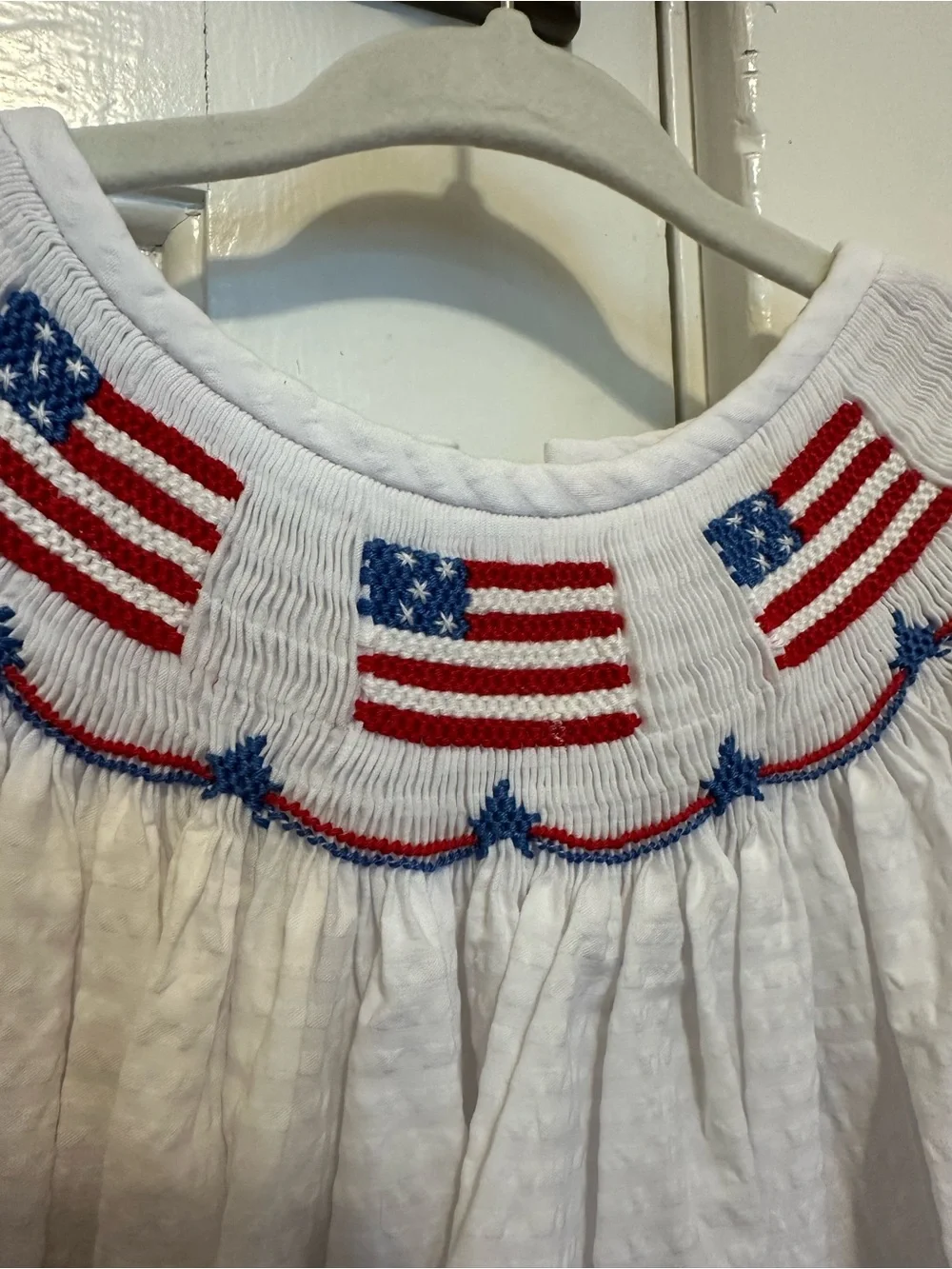 5T Smocked American Flag Bishop Dress - red/white/blue